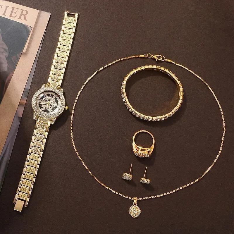 ❄💎 Snowflake Luxury Rhinestone Watch ✨ 5-Piece Elegant Jewelry Set 👑⌚