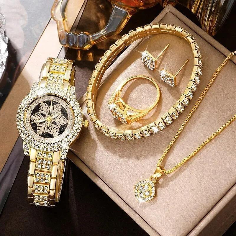 ❄💎 Snowflake Luxury Rhinestone Watch ✨ 5-Piece Elegant Jewelry Set 👑⌚