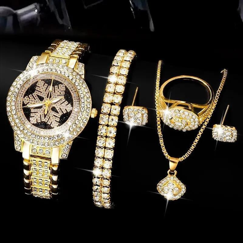 ❄💎 Snowflake Luxury Rhinestone Watch ✨ 5-Piece Elegant Jewelry Set 👑⌚